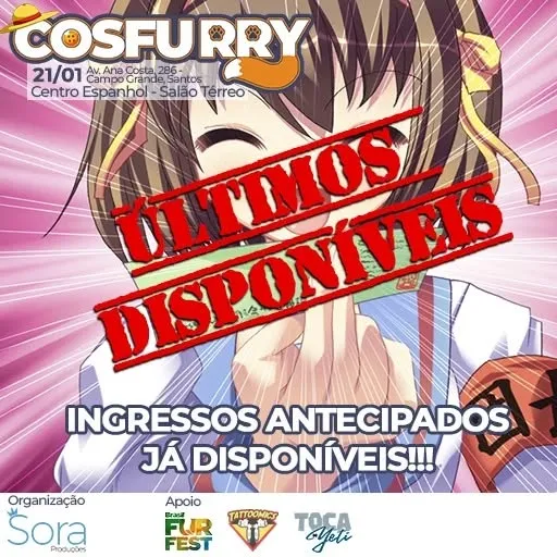 ATENÇÃO!!!
Estamos com pouquíssimos ingressos do primeiro lote do Cosfurry, então garanta já o seu, uma vez esgotados o...