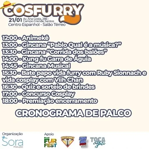 É amanhã!!! Se programe para não perder nada do Cosfurry, teremos ingressos na porta com pagamento em dinheiro, pix e ca...
